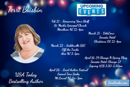 Blue image with a woman's photo and a list of upcoming appearances