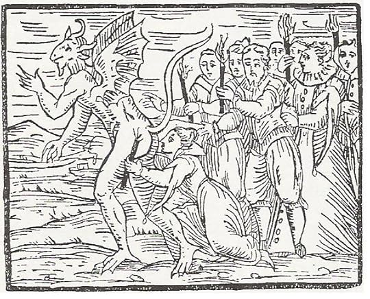 Engraving of people with torches pursing (or led by?) a demon.