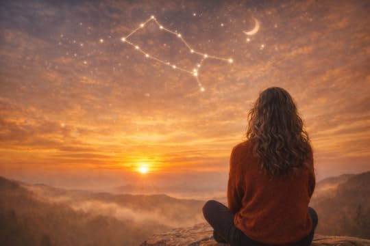 Woman with long silver hair sitting on a cliff at sunset, looking toward a glowing constellation in the sky, representing reflection on timing and feeling stuck in astrology.