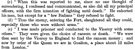 A historical excerpt describing a military engagement and the consequences faced by soldiers during a siege, including themes of fighting to death, slaughter, and choices between ransom and death.
