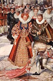 A historical painting depicting Queen Elizabeth I and Sir Walter Raleigh, with Raleigh presenting a cloak to the queen. The scene is set in a grand court, filled with courtiers in elaborate costumes from the Elizabethan era.