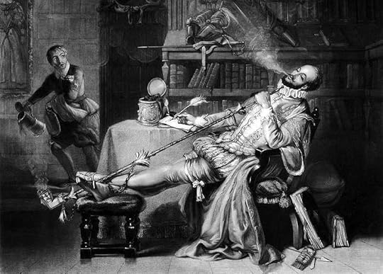 A man in elegant 17th-century clothing relaxes in a chair, smoking a pipe, while an arrow sticks out from his leg. In the background, a startled servant holds a pitcher. The setting includes shelves of books and various objects.