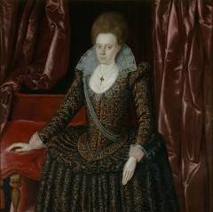 A formal portrait of a woman from the 16th century, wearing an elaborate dark gown with a high ruff and decorative detailing, seated with a regal posture against a backdrop of rich, dark curtains.