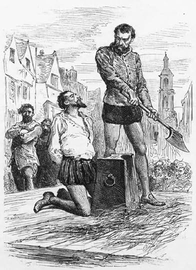 An illustration depicting a historical execution scene, featuring a man kneeling before an executioner wielding a shovel, with a crowd observing in the background.