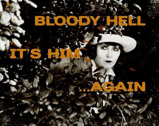 A vintage black and white photo of a woman peering through bushes and saying, 