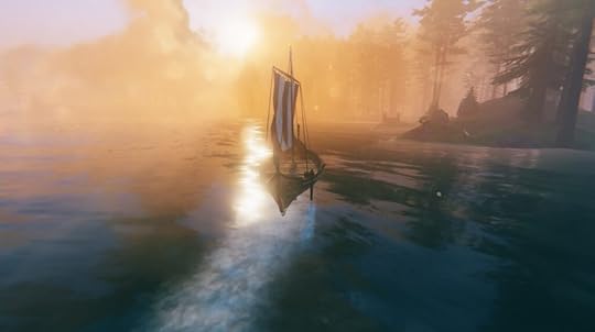 Image from Valheim, showing a ship sailing at sunrise