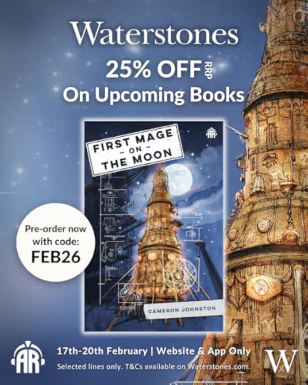 Image of First Mage on The Moon book by Cameron Johnston with a rusty magical rocketship on the night-sky blue cover.
