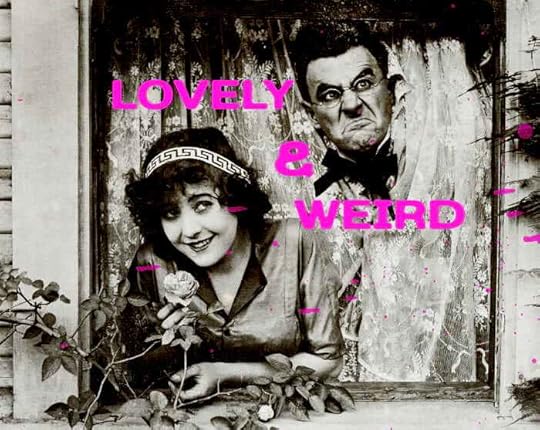 A vintage black and white photo of a man and a woman looking out through closed curtains. The man is pulling a face, so the caption reads, 