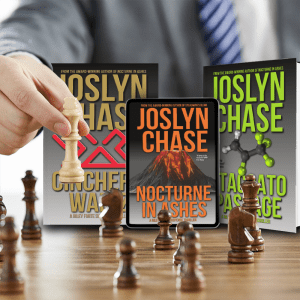 Man moves chess pieces around on table in front of Nocturne in Ashes, Staccato Passage, and Cincher's Waltz, by Joslyn Chase