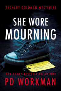 She Wore Mourning cover a Zachary Goldman Private Investigator Mystery with a child's discarded shoe