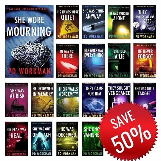 grid showing first 19 books in the Zachary Goldman PI Mysteries Series by P.D. Workman