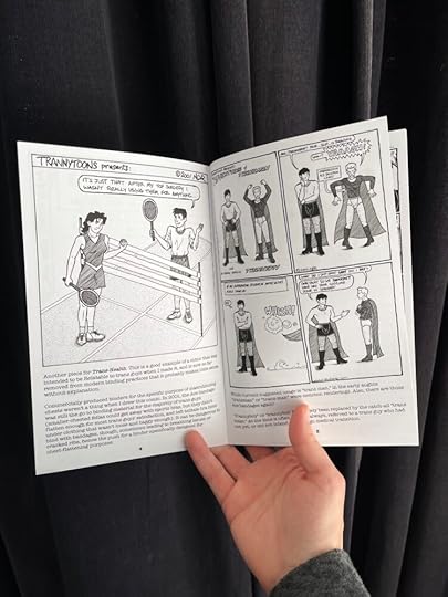 photo of an interior spread from TrannyToons Presents: Annotated Trans Comics of the Early 00s by Dylan NDR Edwards, showing black-and-white comics with lots of text explaining cultural artifacts of trans culture from 25 years ago when these comics were originally created
