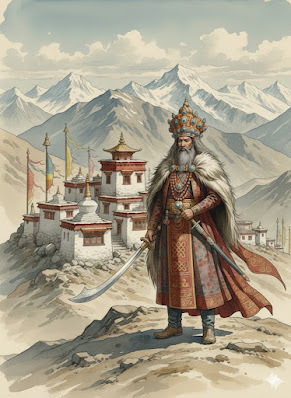An illustration of the wise King of Rongcha standing before his mountain fortress. He is dressed in a ceremonial Goncha, a voluminous double-breasted robe with a thick fur Tsa-zar (cloak) over his shoulders. He wears an ornate Tibi (hat) and a colorful Skeyraks (waistband) that serves as a traditional sash, reflecting his status as a royal leader in the Himalayan kingdom
