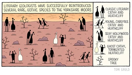 Title: "Literary ecologists celebrate the successful reintroduction of rare species to the Yorkshire moors." Image: The sun is going down on a bleak windswept moor, various figures and trees are each labelled as one of the following: 1. Classic literary Cathy and Heathcliff 2. Young, carefree Cathy and heathcliff 3. Sexy Hollywood Cathy and Heathcliff 5. Ghost Cathy, tormented Heathcliff 5. Spooky tree 