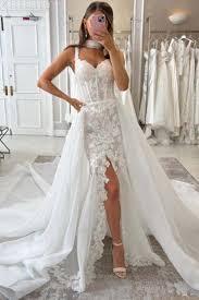 Gorgeous Tulle Lace Appliques Mermaid Wedding Dress Front Split with Detachable Train-newarrivaldress