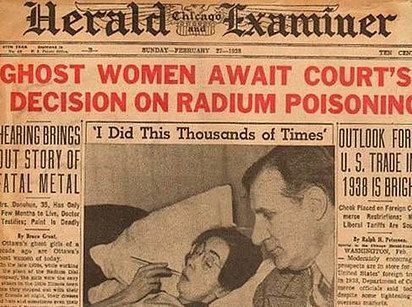 Historic newspaper front page from the Chicago Herald Examiner dated February 7, 1938, with the headline 'Ghost Women Await Court's Decision on Radium Poisoning' and a photograph of a woman receiving treatment.