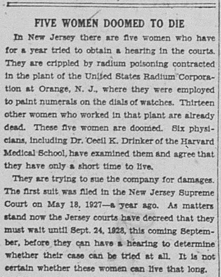 An old newspaper article titled 'FIVE WOMEN DOOMED TO DIE' discussing five women suffering from radium poisoning after working at the United States Radium Corporation in New Jersey, highlighting their legal battle and short life expectancy.