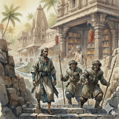 A composite illustration merging the spice merchant of Vanpore with the guards and builder of Igati.