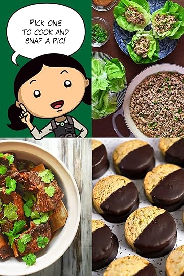 A cartoon Michelle Tam is announcing the three recipes for the March 2026 cooking challenge: chicken lettuce wraps, Korean Short Ribs, and Chocolate Dipped Pistachio Cookies.