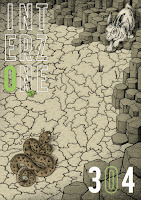 Emma Howitt's cover artwork for Interzone #304 (March 2026), showing a snake facing off against a rabbit, as from Van Nolan’s novelette “County Colours”.