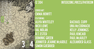 Promo image for science-fiction magazine Interzone #306 (March 2026) with cover art by Emma Howitt and list of contribiutors