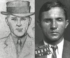A side-by-side comparison of a sketch and a black-and-white mugshot, depicting a man wearing a hat and a suit next to a more casual portrait.