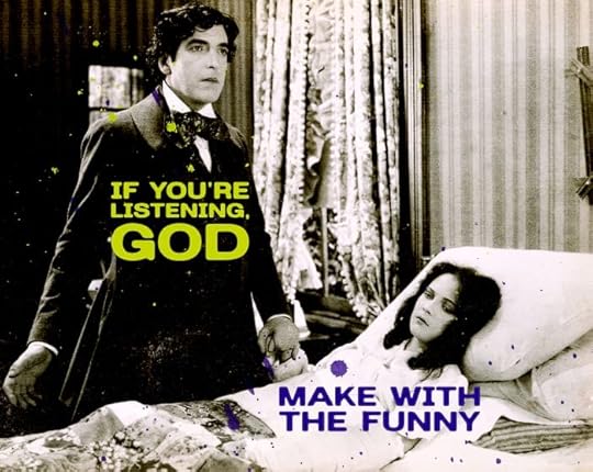 A vintage style black and white photo of a with his eyes raised to heaven for help while a sad-looking woman lies in bed
