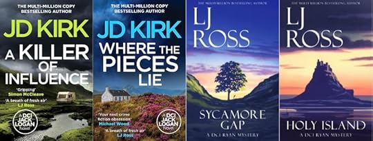 Four book covers from JD Kirk and LJ Ross. A Killer of Influence and Where the Pieces Lie (JD Kirk); and Sycamore Gap and Holy Island (LJ Ross).