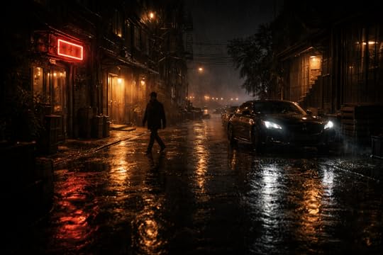 Rainy night street with lamplight and a shadowy dockside warehouse, cinematic underworld thriller mood.