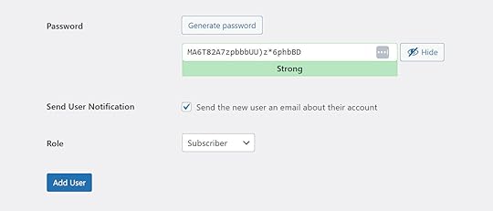 WordPress Add User form with auto-generated strong password and role selector