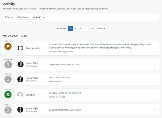Jetpack Activity Log showing user comments, page modifications, and site updates