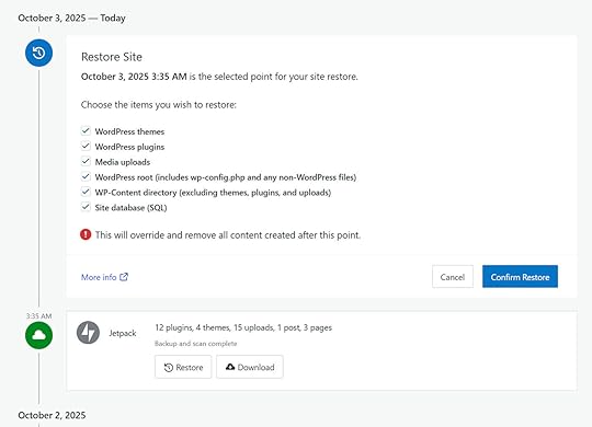 Jetpack backup restore interface with site component selection checkboxes