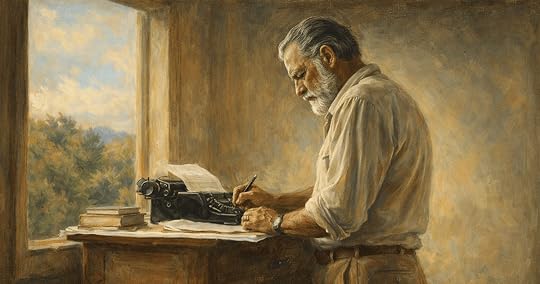 Oil-painting style illustration of Ernest Hemingway standing at a tall desk by a window, writing on a typewriter in warm morning light, with books and papers beside him.