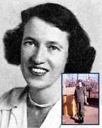 A vintage headshot of a woman with dark hair styled in waves, smiling warmly. An inset image shows her standing in a military uniform against an outdoor background.