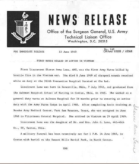 A news release announcing the death of First Lieutenant Sharon Anne Lane, the first Army nurse killed in action during the Vietnam War, dated June 13, 1969. It includes her biography and details about her service and funeral arrangements.