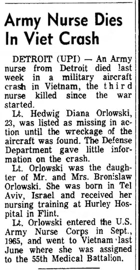 Newspaper article reporting the death of Army Nurse Hedwig Diana Orlowski in a Vietnam military aircraft crash.