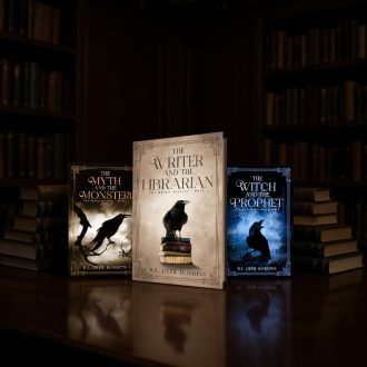 Three fantasy book covers displayed on a wooden table in a library setting, featuring titles 'The Myth and the Monster', 'The Writer and the Librarian', and 'The Witch and the Prophet'.