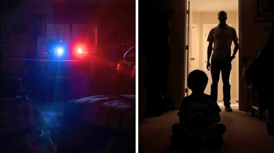 split screen police crime scene and boy with teddy bear and zachary goldman silhouette