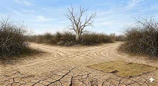 A parched, cracked landscape featuring a dry, bleached-white tree standing at a dusty crossroad, surrounded by thorny brown bushes. This setting serves as the stage for the sociopolitical parable "The Crossroads of Vakshi" by author Shon Mehta.
