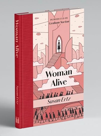 The book has a red cloth spine. The cover shows a retrofuturist city with airships and cablecars. A single woman appears in a door high in the towers.Far below, male figures spill out of underground tunnels and climb stairs towards her