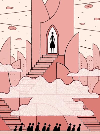 A retrofuturist city with airships and cablecars. A single woman appears in a door high in the towers. Far below, male figures spill out of underground tunnels and climb stairs towards her.