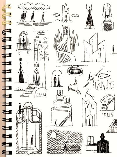 A page of ink drawings of stick figures and strange architecture.