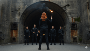 Riley standing at the tunnel entrance, holding a burning torch, with her team lined up and ready for action