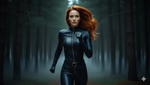 Riley in black spy gear, running through a foggy pine forest