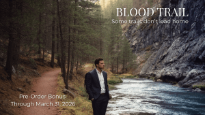 YouTube thumbnail for the Blood Trail video trailer, showing Nate standing beside a river in the forest, hands in pockets, contemplating his homicide case