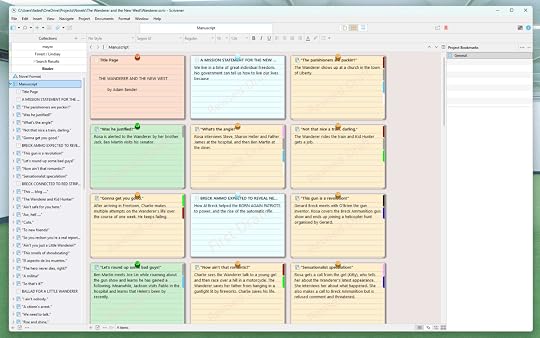 A screenshot of a corkboard outline of The Wanderer and the New West inside the writing app Scrivener.