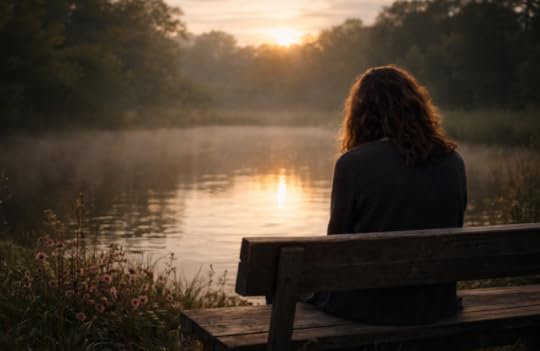 Woman sitting alone on a wooden bench beside a quiet pond at sunrise, reflecting in a peaceful natural setting