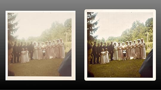 Comparison between the original scanned 1968 wedding party photo on left, and the digitally restored version on right