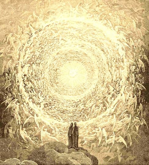 An ethereal illustration depicting two figures standing on clouds, gazing upwards at a radiant circular light surrounded by numerous angelic beings in a heavenly atmosphere.