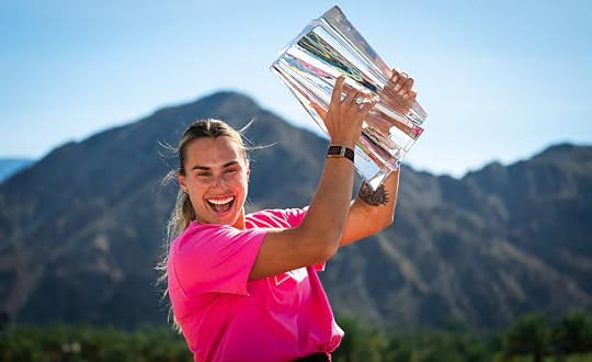 Aryna Sabalenka poses with the champions trophy during the champions photo shoot after defeating Elena Rybakina of Kazakhstan in the womens singles...